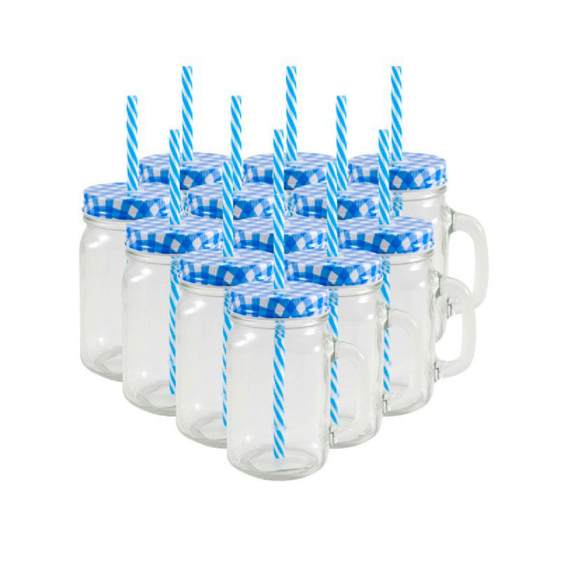 Mason Jars Grabado Transparente Tapa y Popote Azul - Coveme Drink Lab Mason Jars