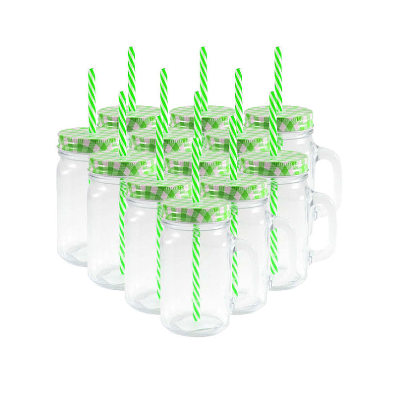 Mason Jars Grabado Transparente Tapa y Popote Verde - Coveme Drink Lab Mason Jars